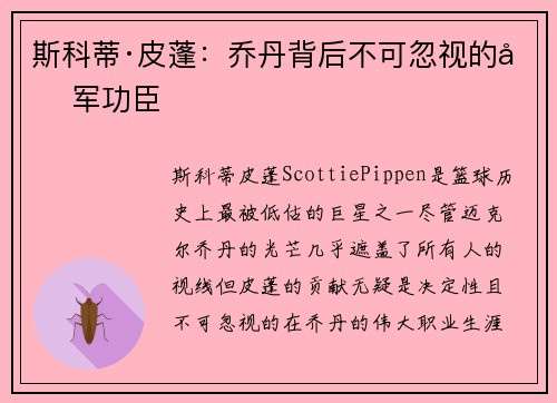 斯科蒂·皮蓬:乔丹背后不可忽视的冠军功臣